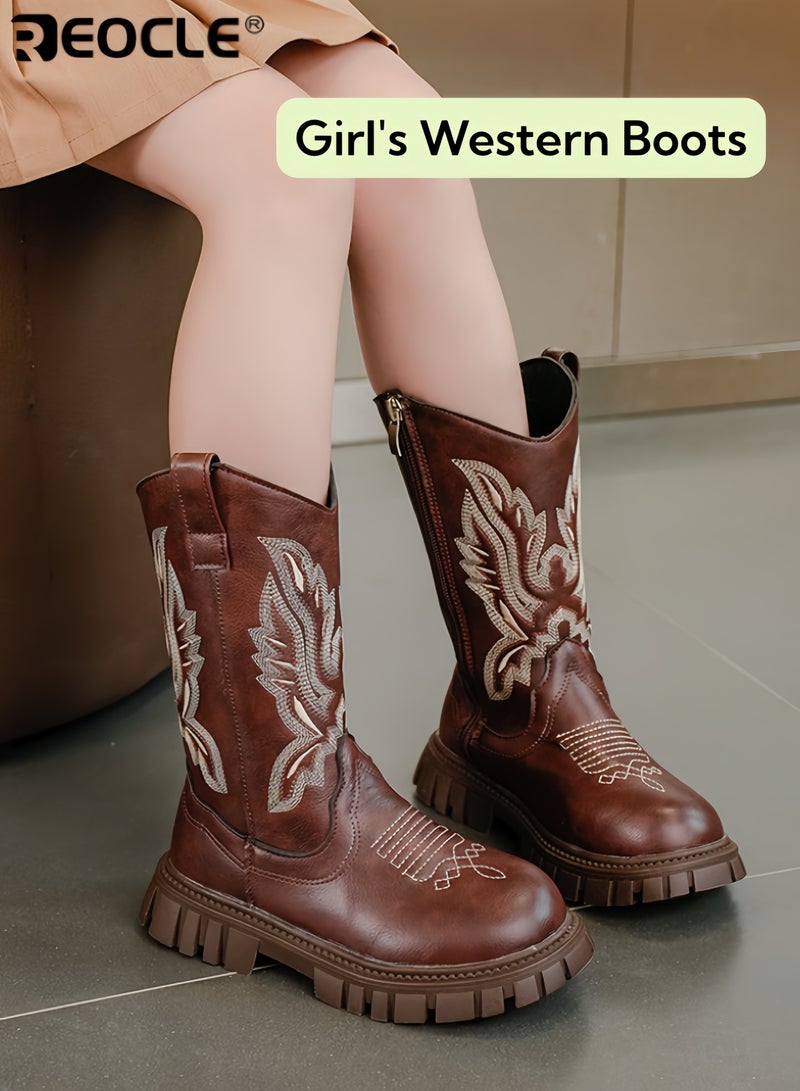 REOCLE Girl's Western Boots with Embroidered Cowgirl Design and Mid Calf Height Cowboy Riding Boots with Durable Construction for Little Big Kid Wear - Image 1